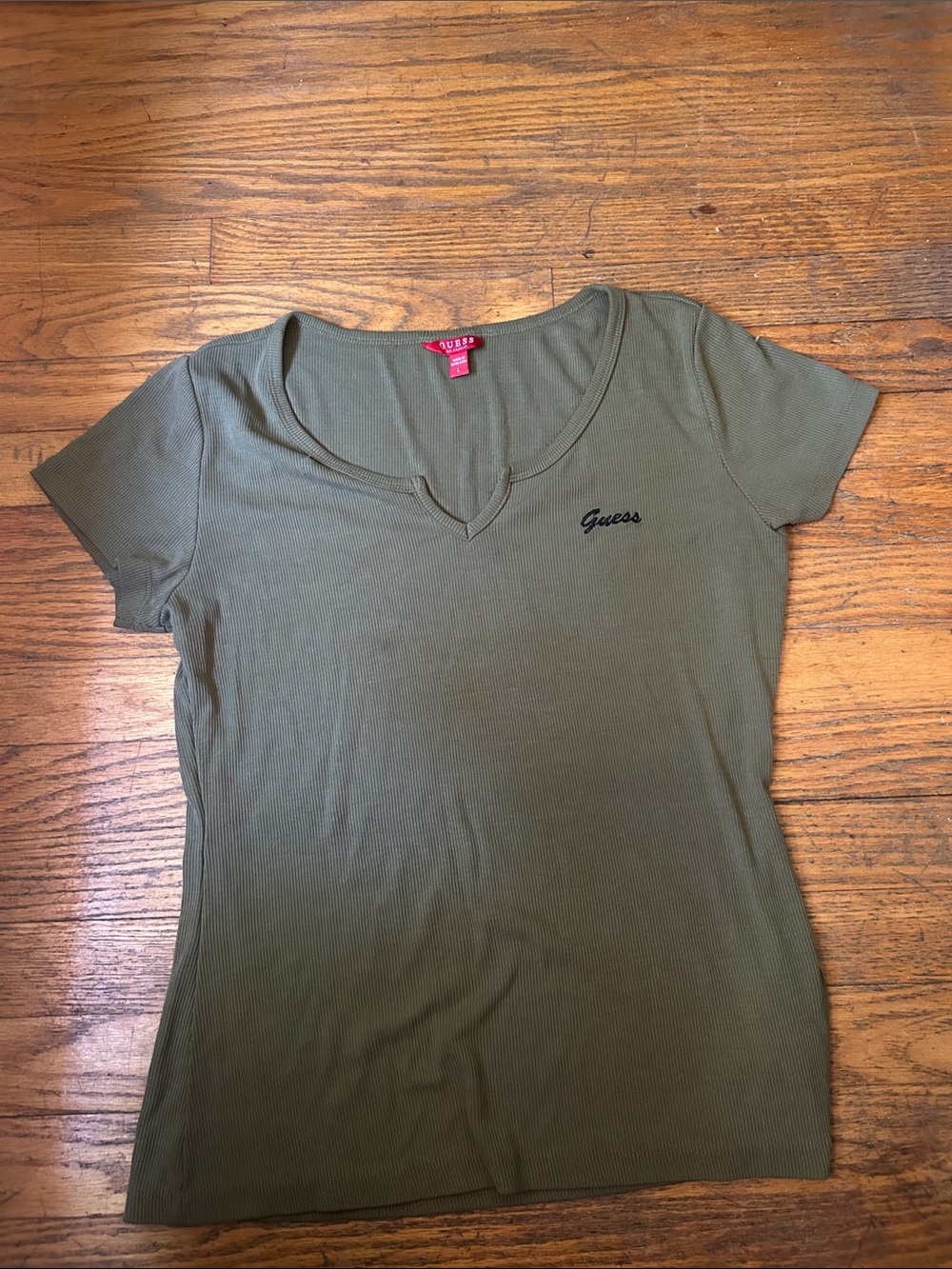Guess Olive Green Short Sleeve Ribbed V-Neck Tee